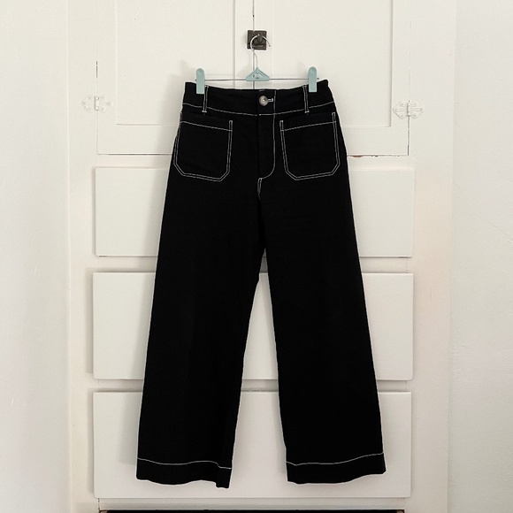 Anthropologie Maeve The Colette Cropped Wide-Leg Pants Contrast-Stitch Black 26 - Picture 3 of 8